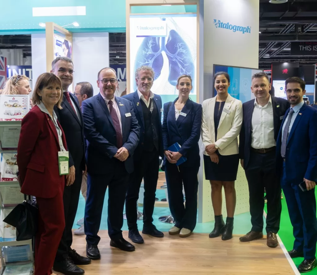 Members of the Vitalograph Team with Irish Ambassador to the UAE Alison Milton, Minister for Trade Promotion and Digital Transformation, Dara Calleary TD, and Eamon Sikafi of Enterprise Ireland at the Irish Innovation PAvilion at Arab Health.