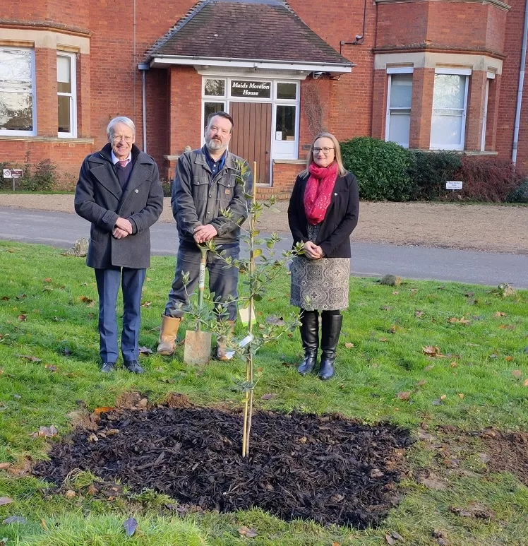 Marcus Garbe, Joe Garbe and Helen Venn at the planting of the Holm Oak in Maids Moreton November 28th 2023